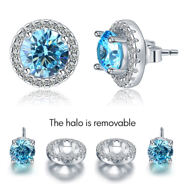 2.5 Carat Round Blue Halo (Removable) Stud 925 Sterling Silver Earrings Jewelry XFE8128-0