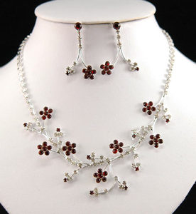 Flower Ruby Red Rhinestone Necklace Earrings Set XS1128-0