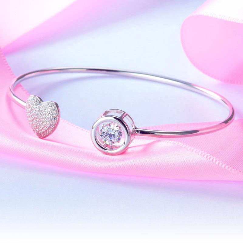 Dancing Stone Heart Bangle Solid 925 Sterling Silver Bridal Wedding XFB8016-2
