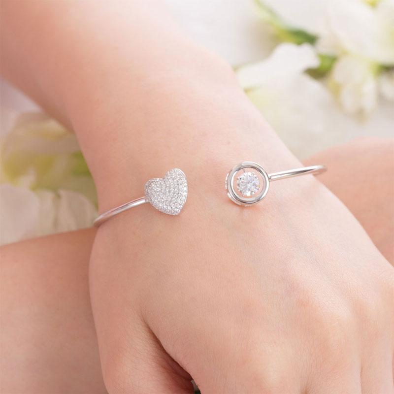 Dancing Stone Heart Bangle Solid 925 Sterling Silver Bridal Wedding XFB8016-1