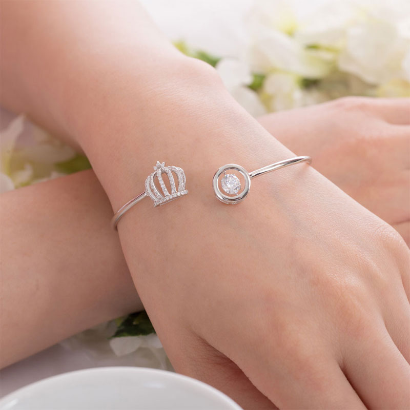 Dancing Stone Crown Bangle Solid 925 Sterling Silver Bridal Wedding XFB8017-4