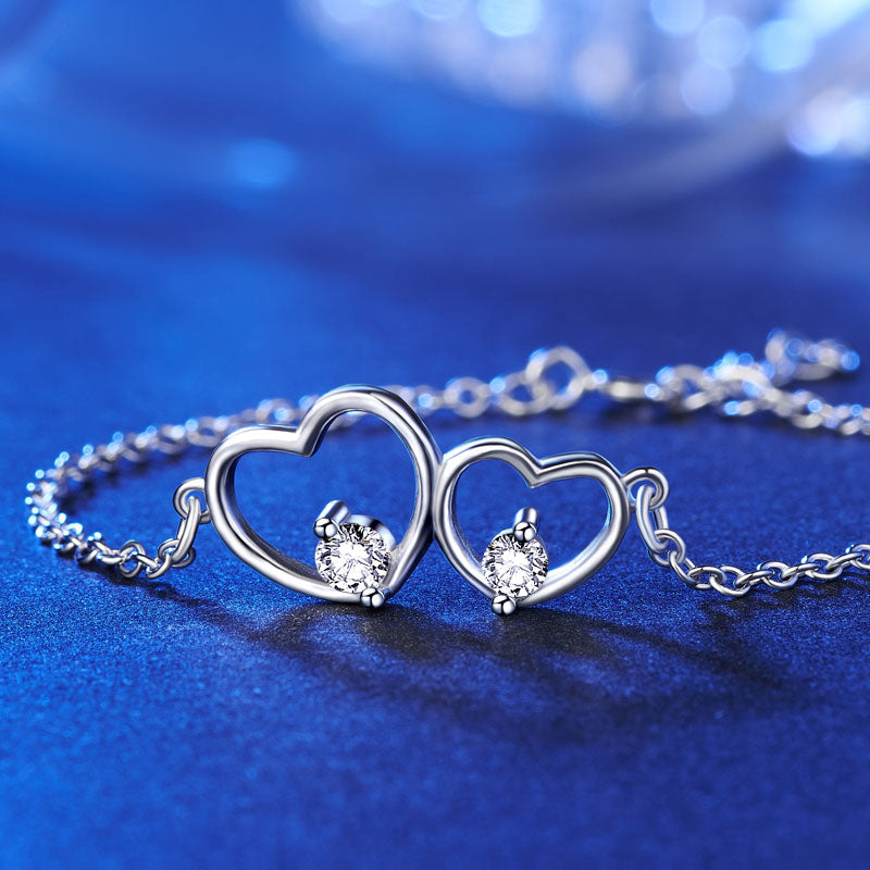 Solid 925 Sterling Silver Bracelet Double Heart Bridesmaid Wedding Gift XFB8019-2