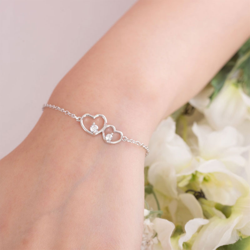 Solid 925 Sterling Silver Bracelet Double Heart Bridesmaid Wedding Gift XFB8019-1