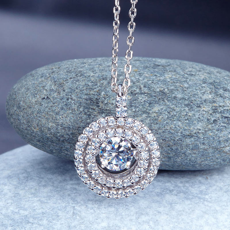 Dancing Stone Halo Pendant Necklace Solid 925 Sterling Silver XFN8057-2