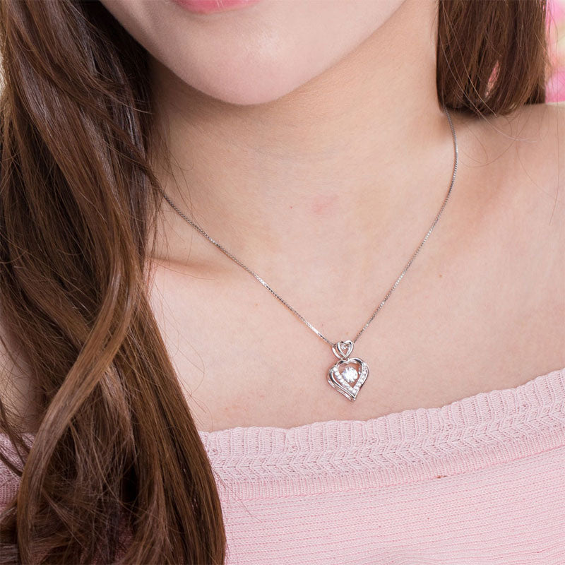 Double Heart Dancing Stone Pendant Necklace 925 Sterling Silver Good for Wedding Bridesmaid Gift XFN8079-1