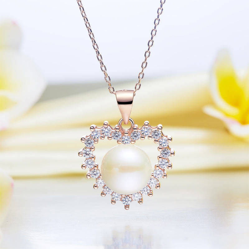 Fresh Water Pearl Heart Necklace 925 Sterling Silver with Rose Gold Plated XFN8122-2