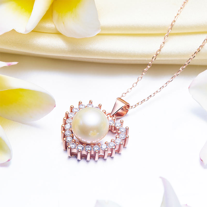 Fresh Water Pearl Heart Necklace 925 Sterling Silver with Rose Gold Plated XFN8122-3