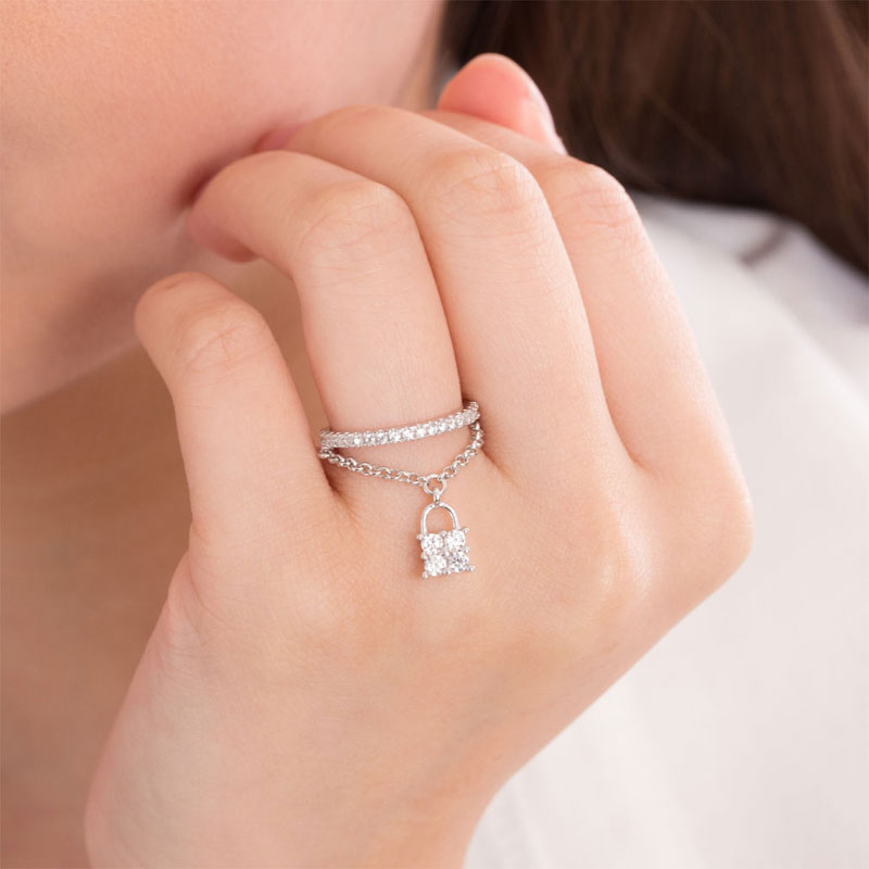 Solid 925 Sterling Silver Band Ring Dangle Purse Sparkling Created Diamond for Lady Trendy Stylish XFR8280-1