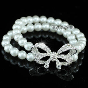 Bridal White Faux Pearl Ribbon Bracelet XB058-0