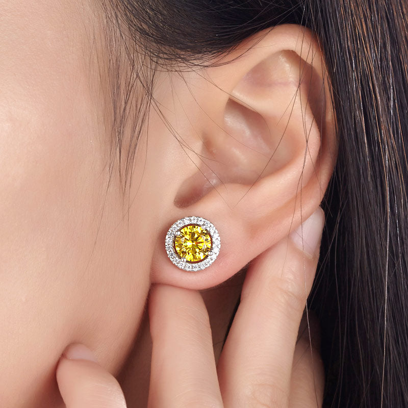 2.5 Carat Round Fancy Yellow Halo (Removable) Stud 925 Sterling Silver Earrings XFE8127-1