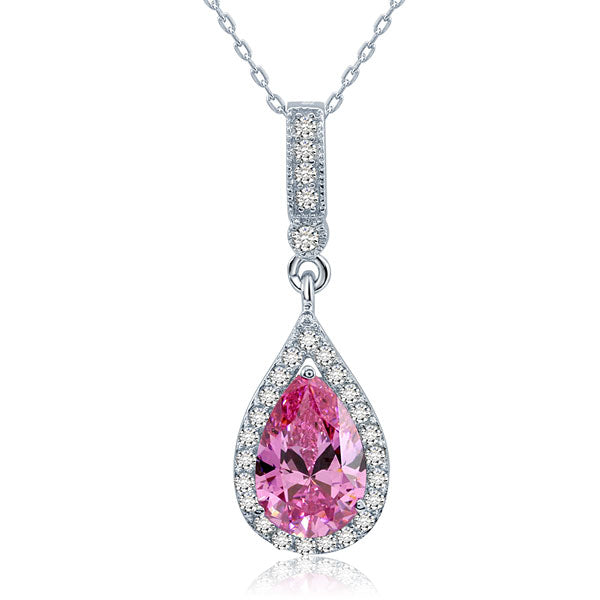 925 Sterling Silver Fashion Bridesmaid Pink Pendant Necklace Bridal Wedding Tear Drop XFN8041-0