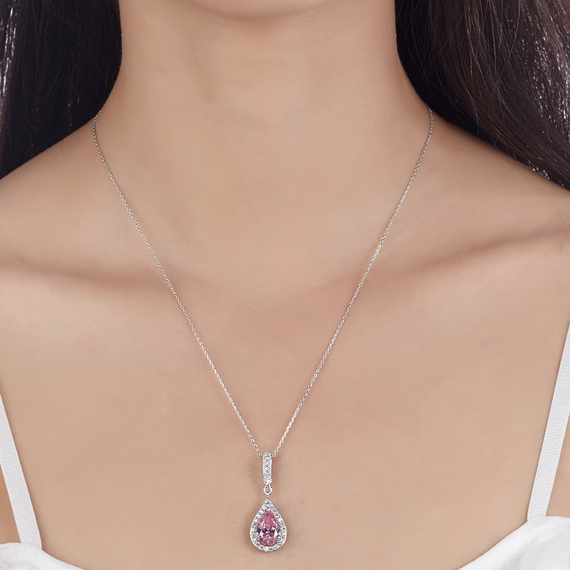 925 Sterling Silver Fashion Bridesmaid Pink Pendant Necklace Bridal Wedding Tear Drop XFN8041-1