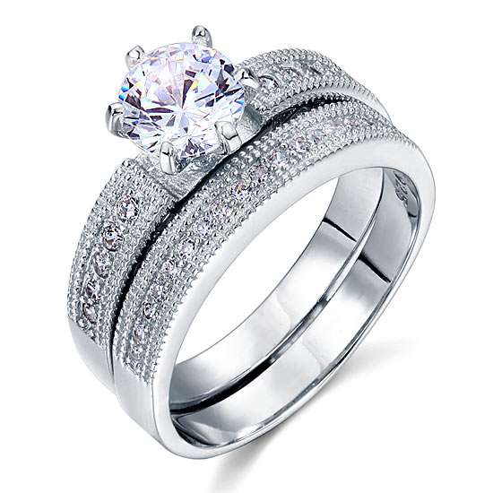 Vintage Style 1.25  Solitaire Created Diamond Solid Sterling 925 Silver 2-Pc Bridal Wedding Engagement Ring Set XFR8096-4