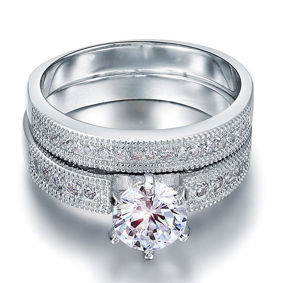 Vintage Style 1.25  Solitaire Created Diamond Solid Sterling 925 Silver 2-Pc Bridal Wedding Engagement Ring Set XFR8096-2