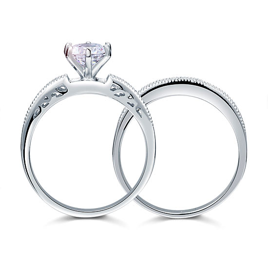 Vintage Style 1.25  Solitaire Created Diamond Solid Sterling 925 Silver 2-Pc Bridal Wedding Engagement Ring Set XFR8096-3