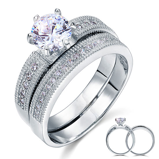 Vintage Style 1.25  Solitaire Created Diamond Solid Sterling 925 Silver 2-Pc Bridal Wedding Engagement Ring Set XFR8096-0