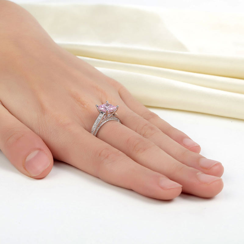 1.5 Carat Princess Cut Fancy Pink Created Diamond 925 Sterling Silver Wedding Engagement Ring XFR8195-1