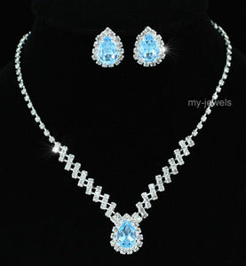 Bridal 5 Carat Blue Crystal Necklace Earrings Set XS1187-0