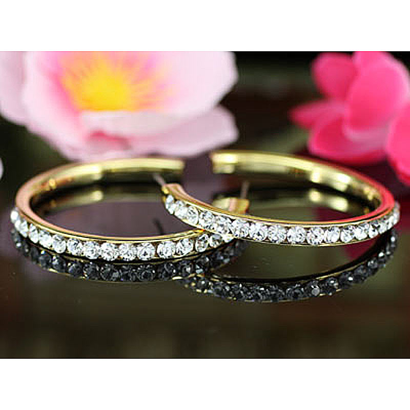 1.5" Gold Hoop Earrings use Clear Austrian Crystal XE006-1